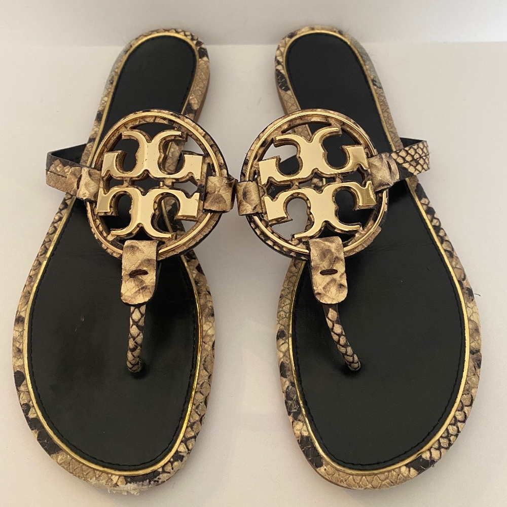 Tory Burch Miller Stamped Snake Printed Black Leather Gold Logo Sandal size 10